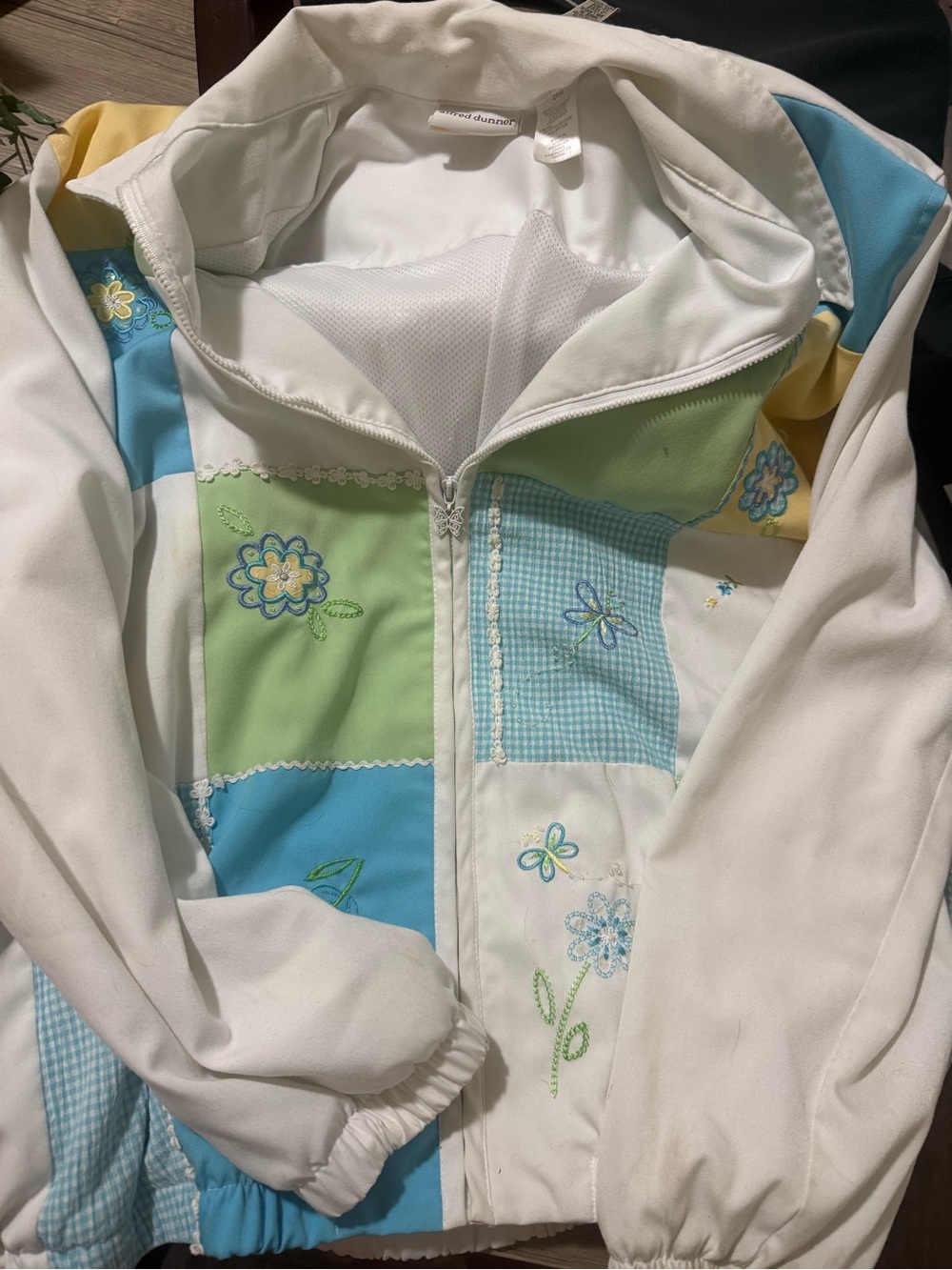 Alfred Dunner White Patchwork Floral Hooded Jacket with Blue and Green Accents